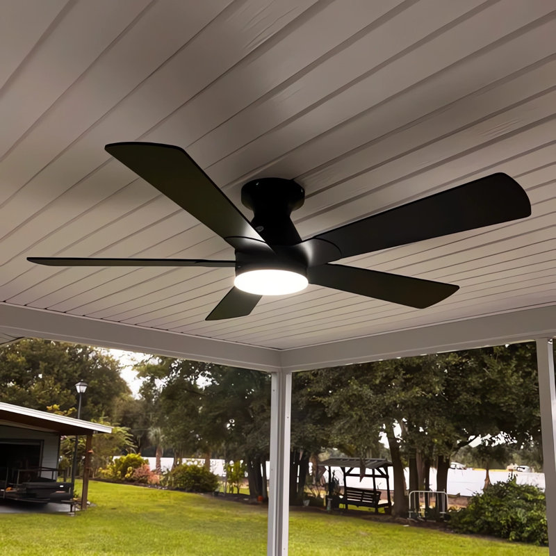 52" 5-blade Flush Mount Ceiling Fans With Lights and Remote, 6 Wind Speeds And Reversible, Modern Low Profile Fan Light For Indoor/covered Outdoor