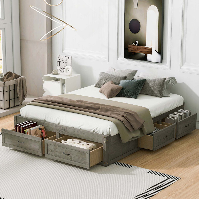 Lit plateforme avec rangement et 6 tiroirs, Gris antique, Grand lit