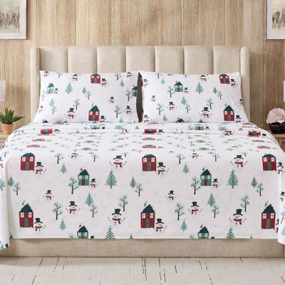 Holiday Printed Flannel Microfiber Sheets Warm and Cozy Extra Deep Pockets, Queen - Jolly Snowman House