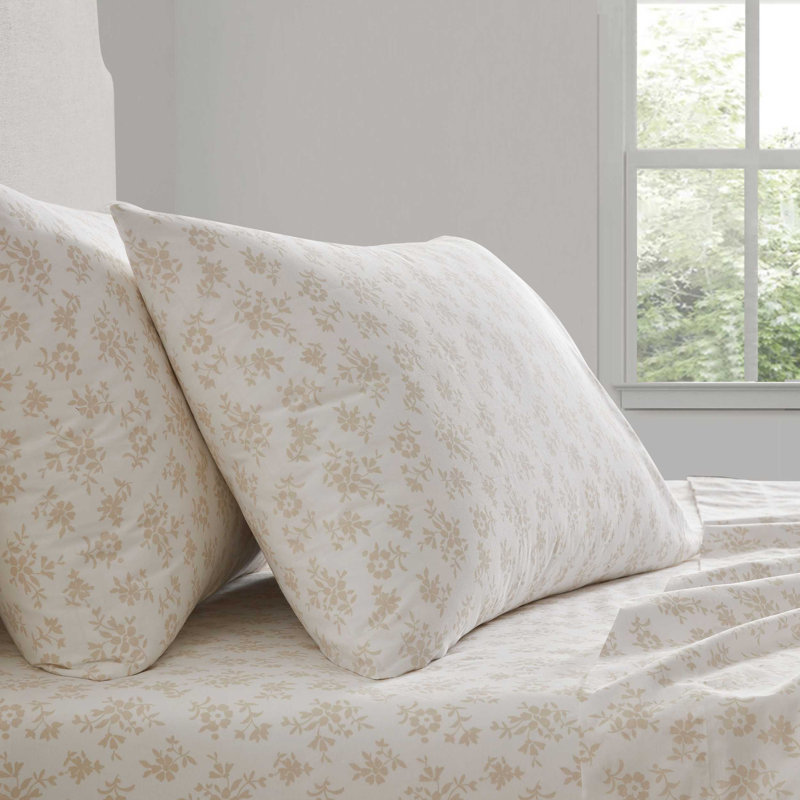 Martha Stewart Cotton Percale  Sheet Set, Queen Sheet Set with 2 Pillowcases, Francesca Stripe Beige