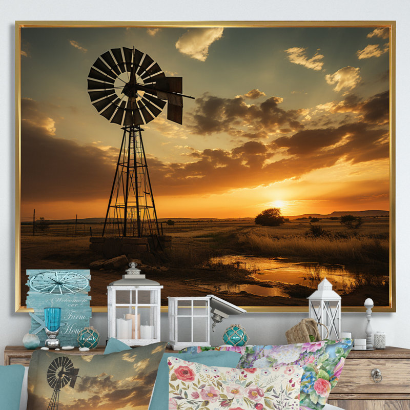 Texas Rustic Windmills - Wind Turbines, art mural pour le salon, Cadre flottant doré, H 16 po x l 32 po x P 1 po