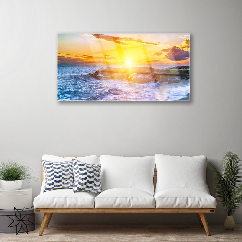 Glass Print Wall Art 100X50cm Image Printed On Glass Decorative Wall Picture Behind Toughened / Tempered Safety Real Glass For Kitchen & Living Room Theme: Sun Sea Landscape