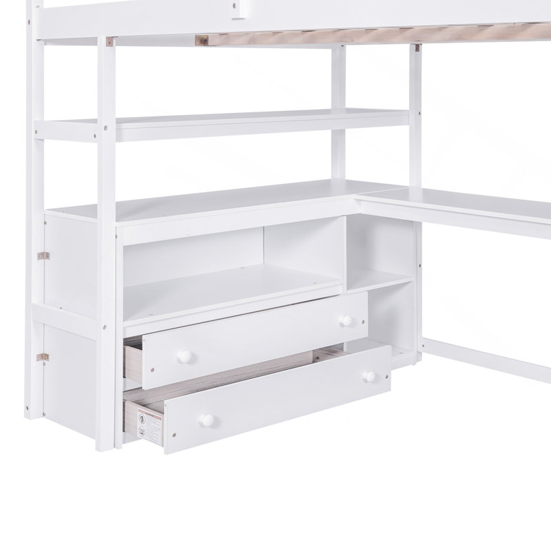 Lit mezzanine double avec bureau et tablettes, deux tiroirs intégrés, escalier de rangement, blanc