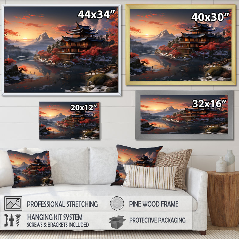 «Asian Snow Landscape Temple Serenity I - China», art mural, H 30 po x l 40 po x P 1,5 po, Cadre de coin fermé argenté
