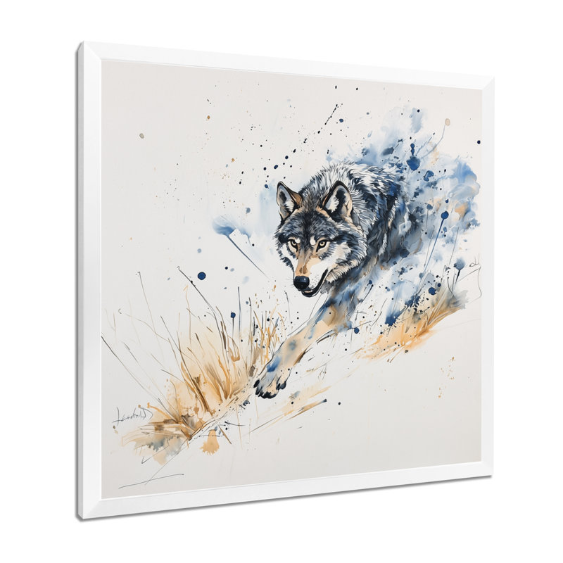 Loup qui court dans la forêt II - impression d'art mural loup, Reproduction encadrée d'une seule photo sans pass, Blanc