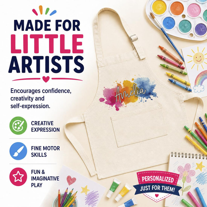  Tablier pour enfants, personnalisé avec nom personnalisé, toile de lin naturelle avec aquarelle lavée pour petits artistes, tablier pour les garçons et les filles, bandoulière réglable, 15 po x 20 po