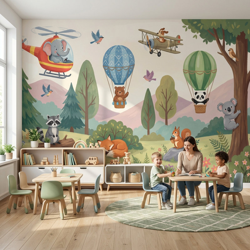 Papier peint animaux de la forêt, 160 po x 108 po, Peler et coller