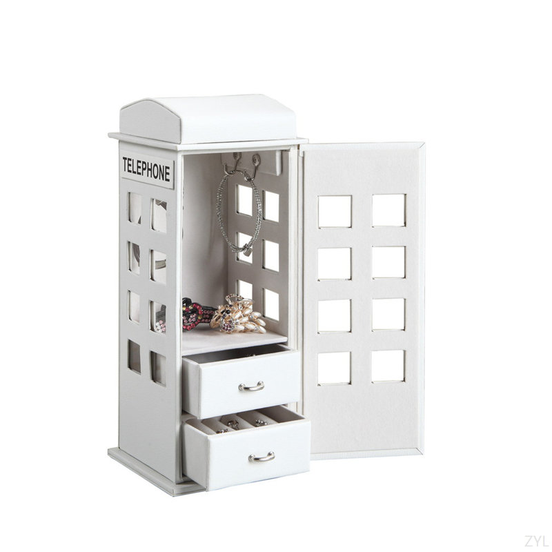 Grande boîte à bijoux en cuir 11,5 po, conception de téléphone britannique, Blanc