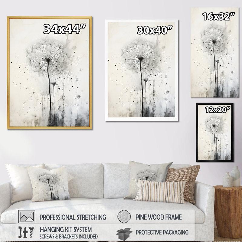 Dandelion Mute Tone I - Pissenlit, art mural, H 32 po x l 24 po x P 1 po, Cadre argenté flottant