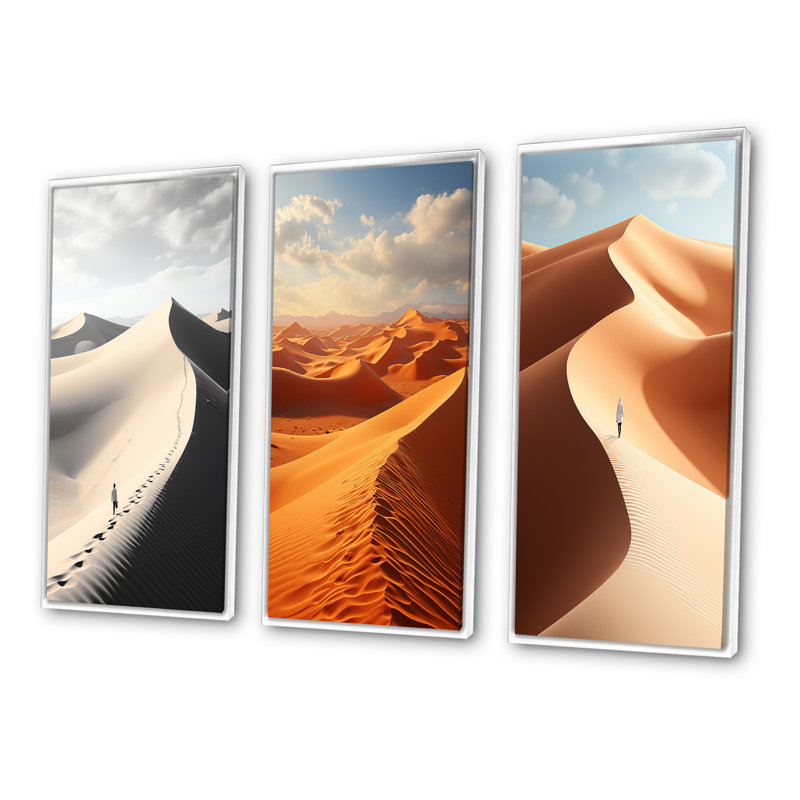"Mirage du désert égyptien", 3 pièces sur toile, H 20 po x l 36 po, Cadre blanc