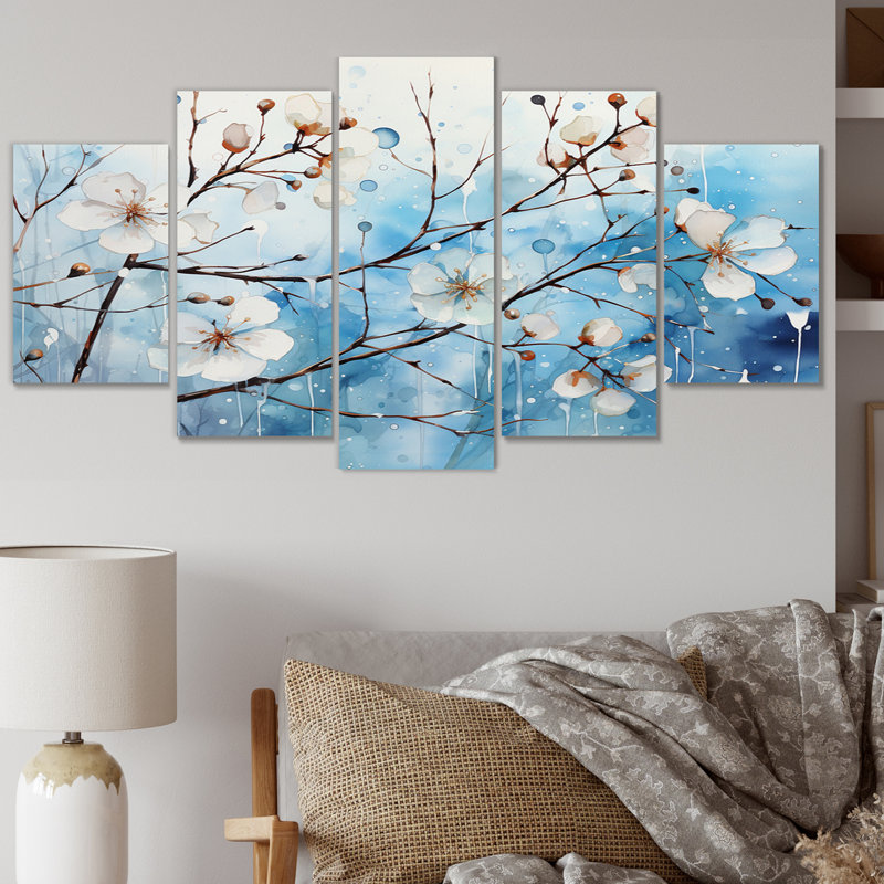 «Blue Blossom On Winter Scenery II», reproduction d'art sur toile florale - 5 panneaux