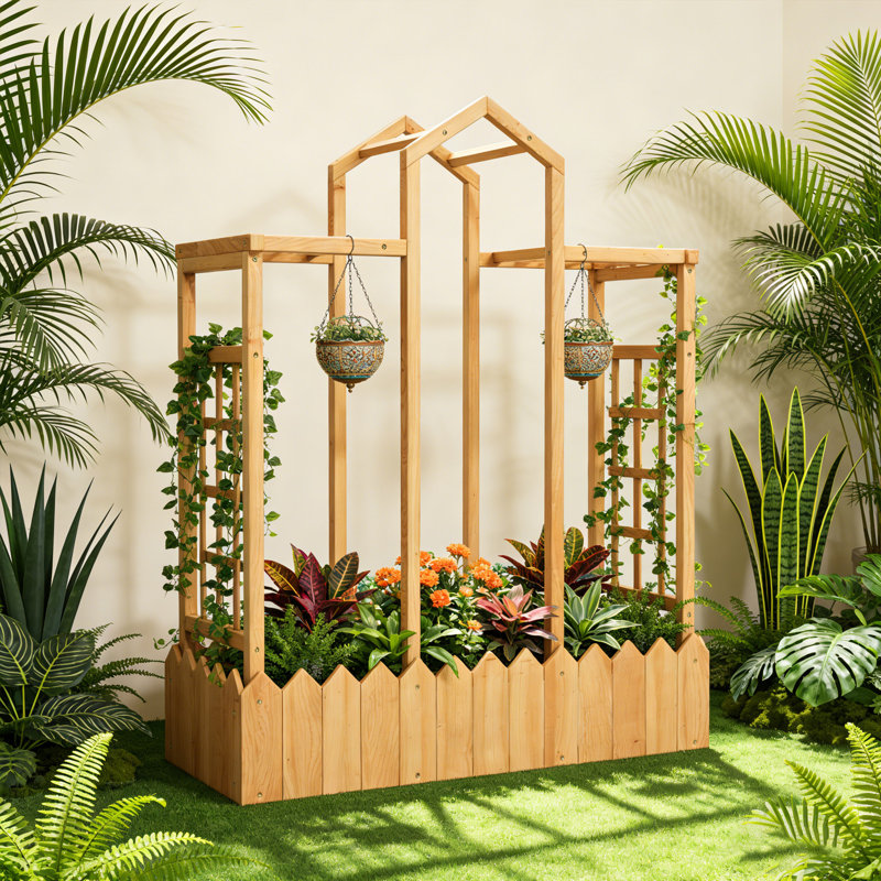 Wooden Planter Box Garden Bed With Trellis,open Base Design,natural