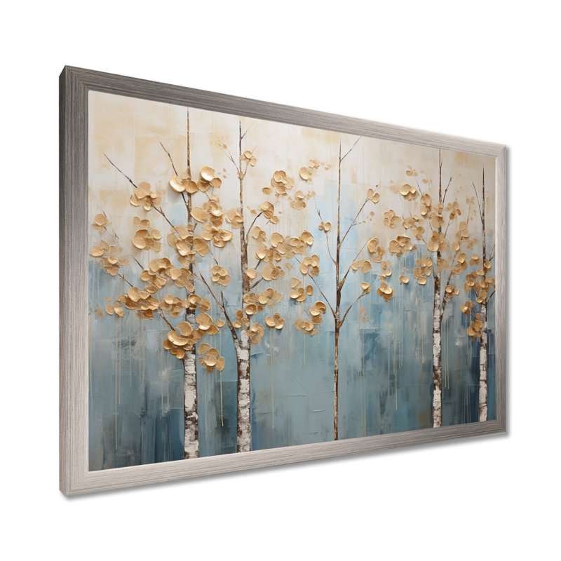 Minimalisme, arbres dorés et bleus, paysage II - art mural arbres, Cadre simple argenté, H 24 po x l 32 po x P 1 po