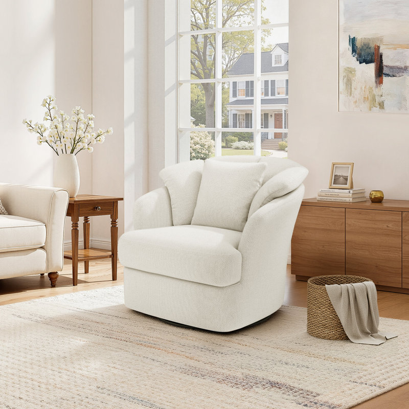 Meryl 32'' Wide Upholstered Swivel Barrel Chair, Beige