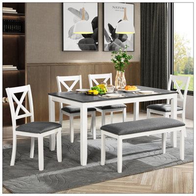 6-Piece Dining Table Set With Bench, Wood Dining Table Set For 6, Modern 6-Person Dining Table Set For Dining Room, Kitchen, Grey & White Two Tone