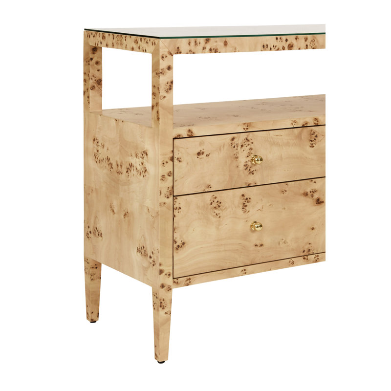 Six Drawer Console With Open Shelf In Burl Wood With Polished Brass Knobs, Burl Wood