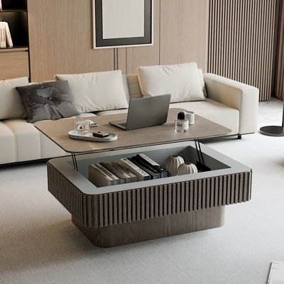 38.6" Lift-Top Coffee Table with Hidden Storage Fluted Design Solid Wood for Living Room