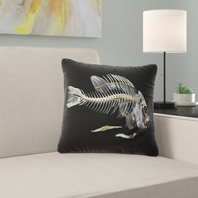 Poisson squelette os sur fond noir - coussin imprimé animal