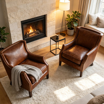 set of  2 Vintage brown top‑grain genuine leather accent chair, traditional armchair with nailhead trim and dark stained wood legs for living room, bedroom and home office