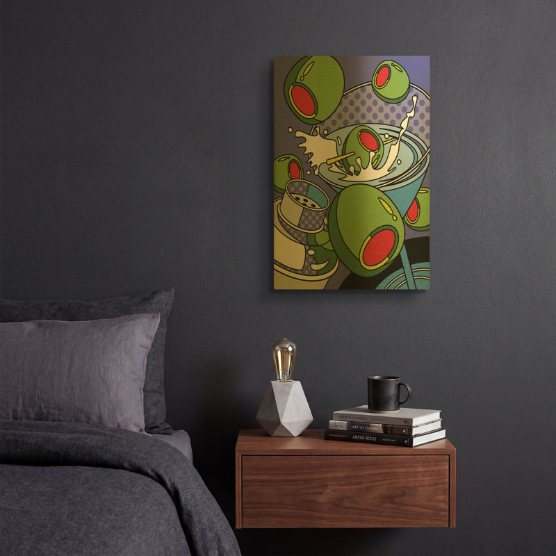 « Martini Flying Olives » de Ron Magnes, tableau mural en métal doré, 30,5 x 40,5 cm, 12 po x 16 po