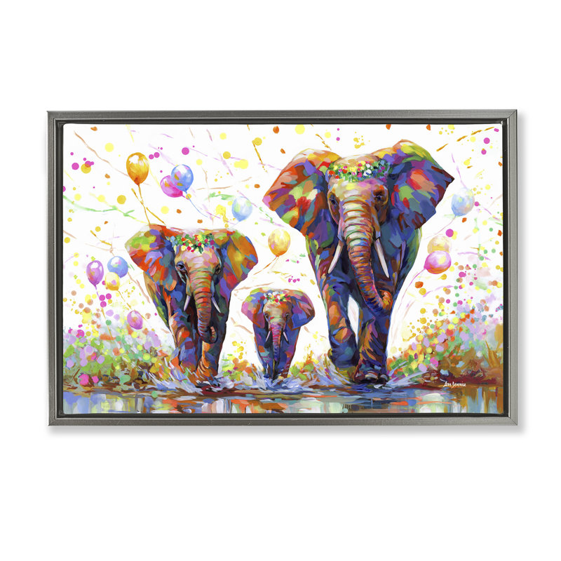 «Elephants & Celebration Ballons», toile flottante encadrée grise par Leon Devenice, Cadre flottant gris lustré