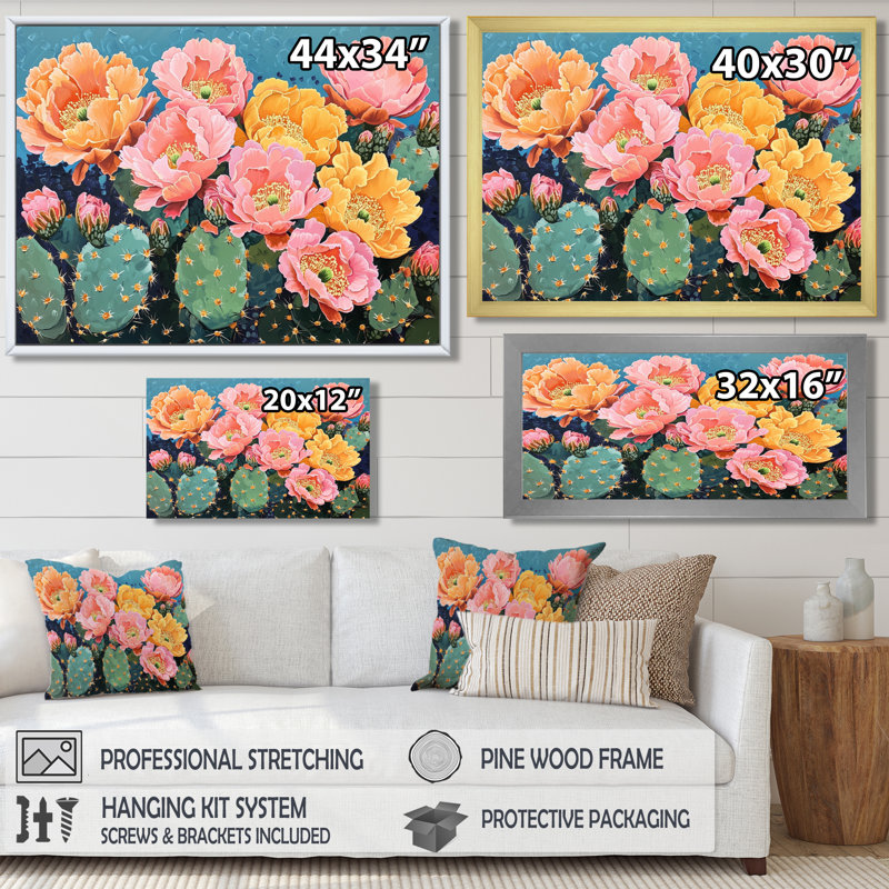 Rose et orange cactus Bloom II - cactus floral, reproduction sur toile, H 34 po x l 44 po, Noir