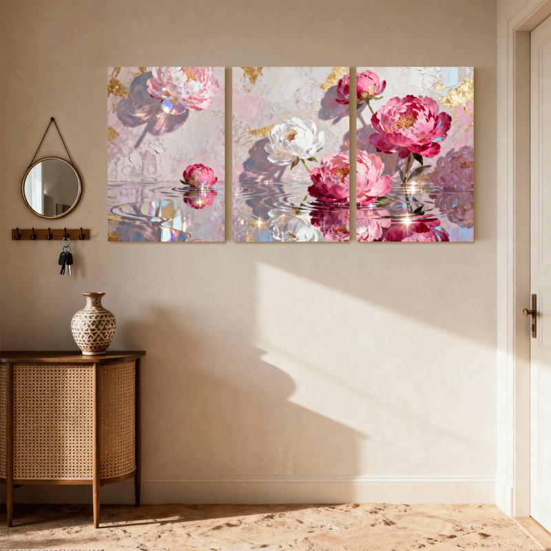 Plantes et fleurs, reflets floraux avec pivoines roses et blanches, ensemble de 3 impressions sur toile, H 18 po x l 36 po