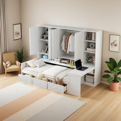 Wooden Daybed With Three Drawers, And All-In-One Cabinet, Desk And Shelves