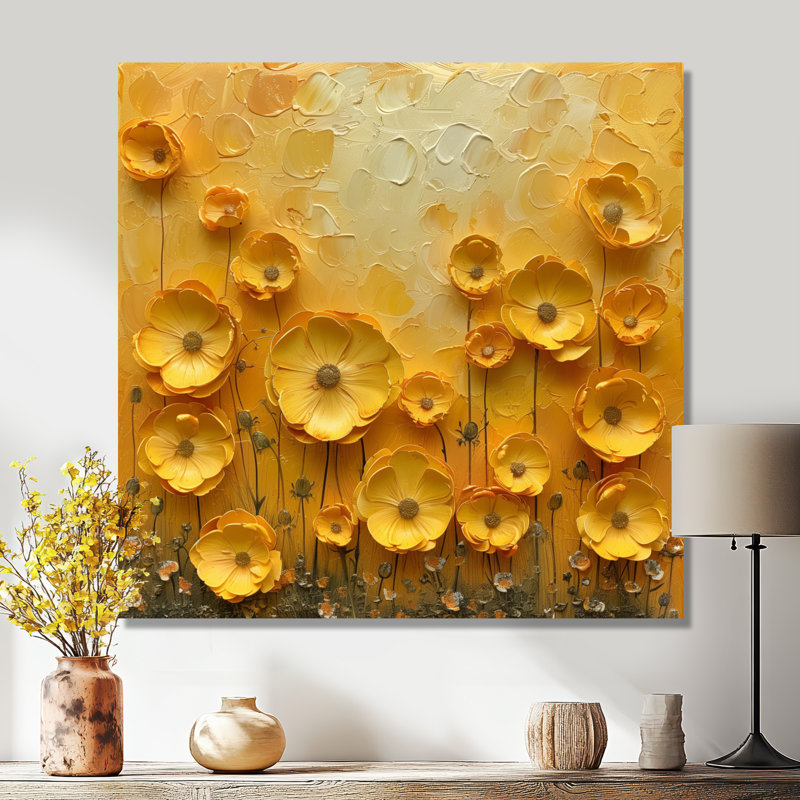 Jaune et blanc Golden Hour Buttercups Field II - Buttercups, art mural, Métal métal, H 16 po x l 16 po x P 1 po