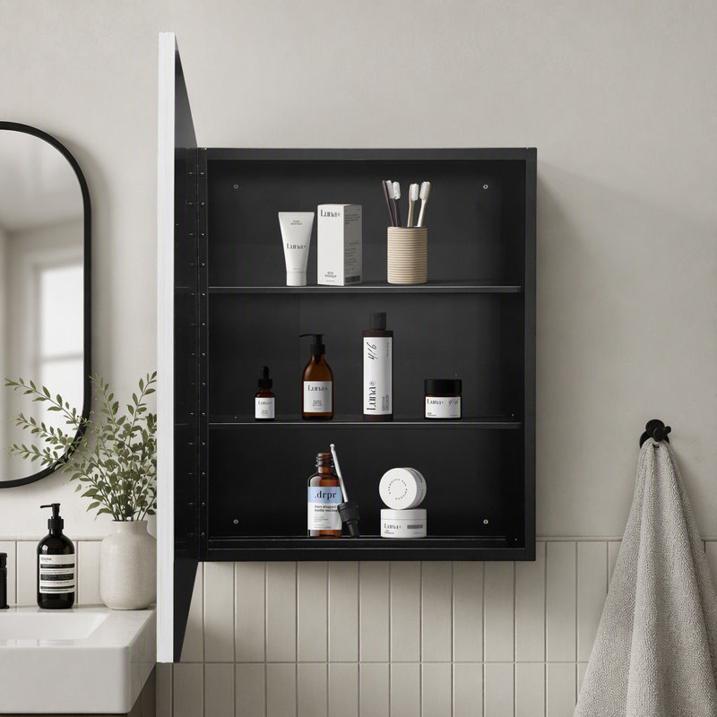 Armoire à pharmacie murale ou encastrée avec miroir et cadre en métal argenté de 24 x 30 pouces, solution de rangement élégante et peu encombrante