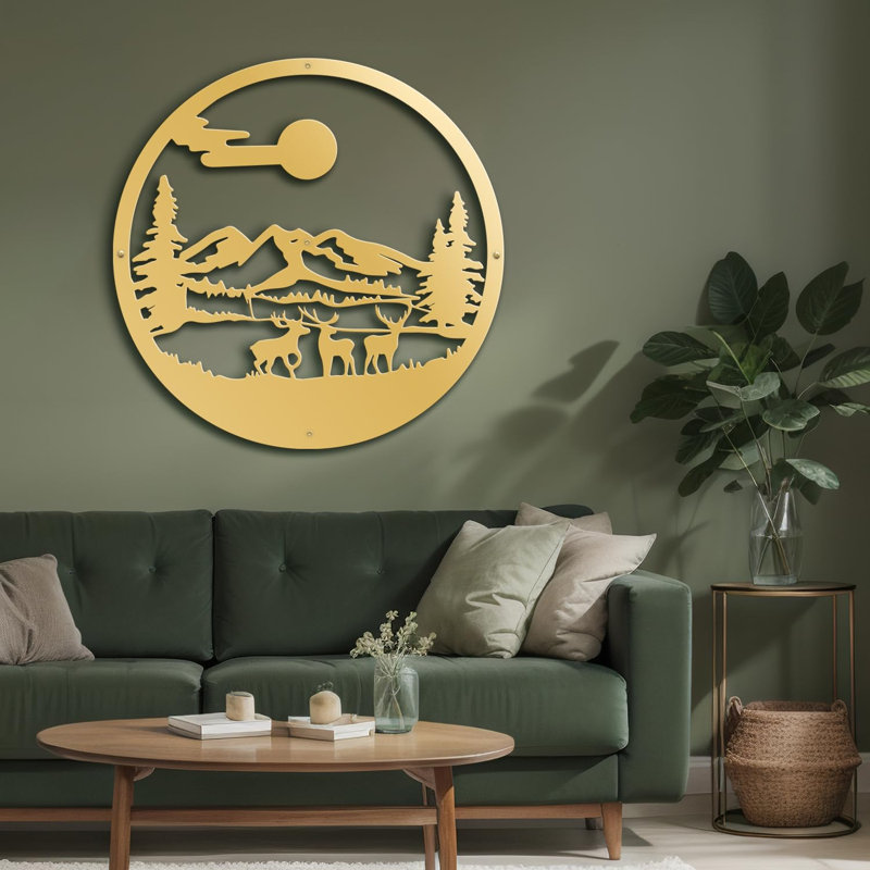 Décoration murale décorative murale abstraite circulaire cerf et montagne, H 18 po x l 18 po x P 0,05 po, Doré