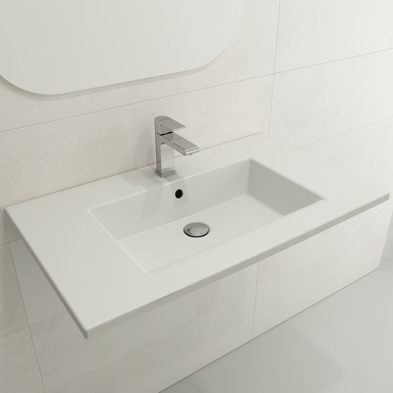 BOCCHI Ravenna 18.7'' Fireclay Rectangular Bathroom Sink with Overflow, Matte White, Single-Hole