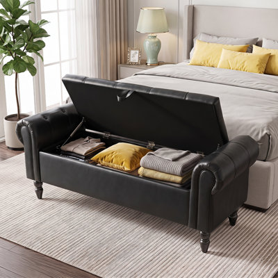 Mid-Century Modern Storage Bench, 55" Wide Flip Top Faux Leather Upholstered Bench with Armrests, Large Wood Entryway Bench for Living Room, Bedroom