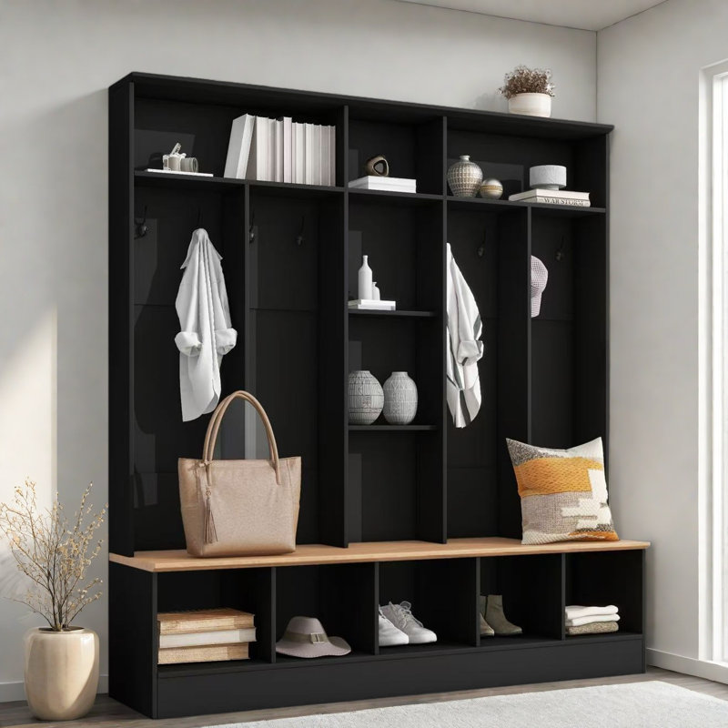 Wide Design Hall Tree With Storage Bench, Shoe Cabinet, Shelves And 8 Hooks, Black