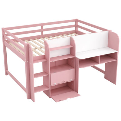 Lit mezzanine double pleine grandeur avec bureau, rangement, bibliothèque et tableau blanc, lit mezzanine pour chambre d'enfant
