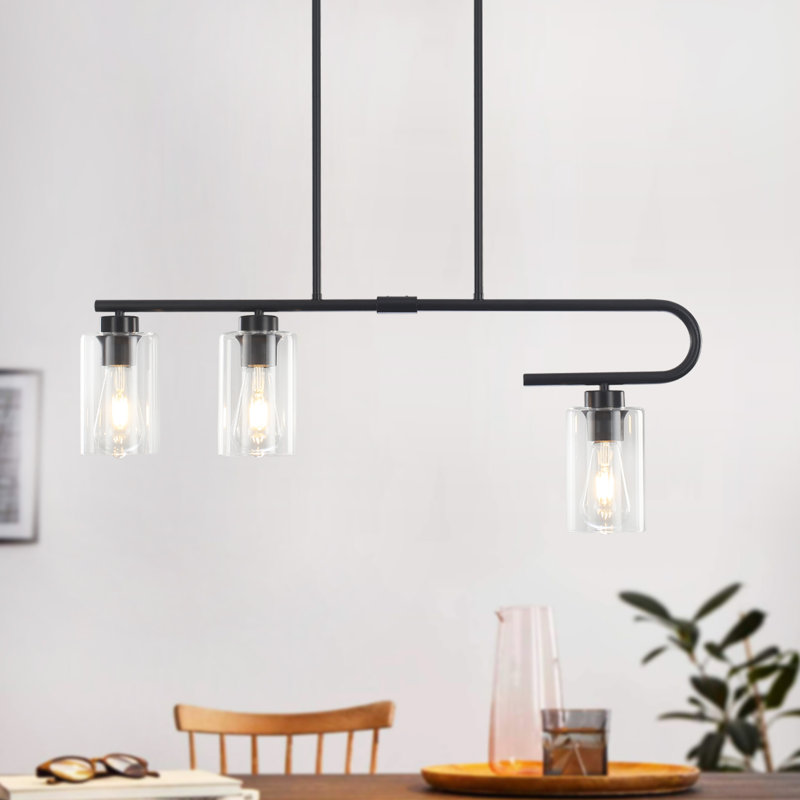 Luminaire suspendu linéaire à 3 lumières avec abat-jour en verre transparent, Noir, noir, noir, noir