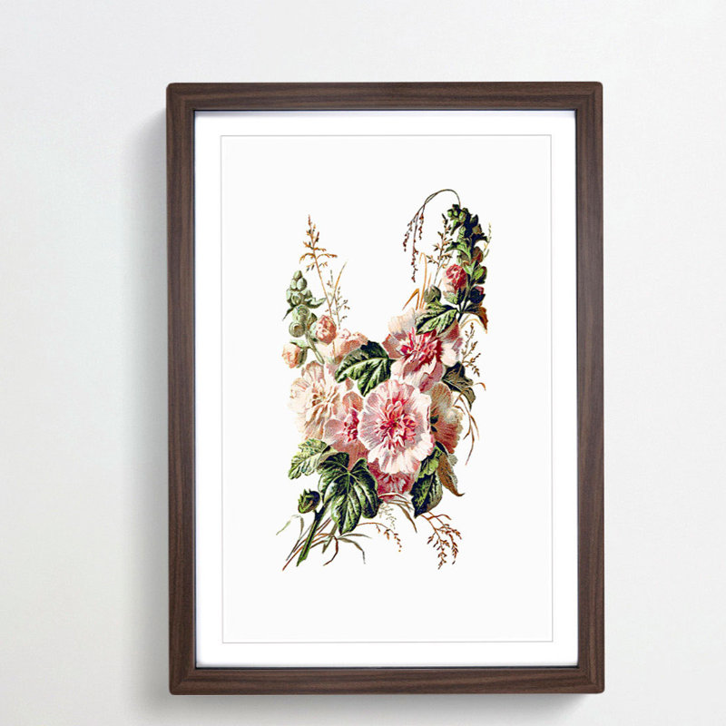 Hollyhock Flower Illustration - Framed Print, 36cm H x 27cm W x 2cm D, Walnut Framed