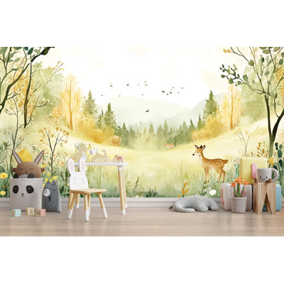Papier peint aquarelle forêt de cerf