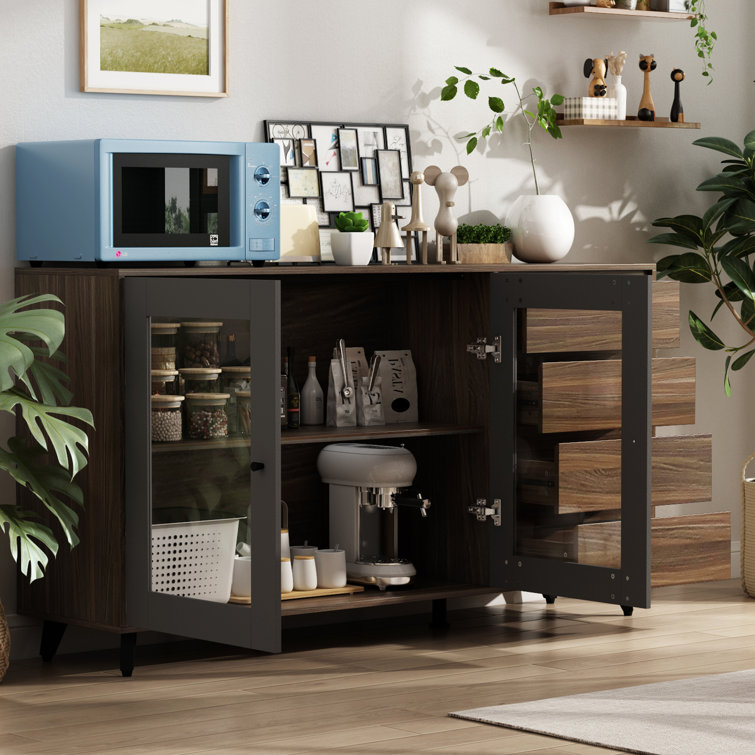 Corrigan Studio Arlia Kitchen Storage Cabinet Sideboard with 2 Glass Sliding Doors and with 4 Drawers, Accent Console Table for Kitchen Dining Living Room Hallway Off