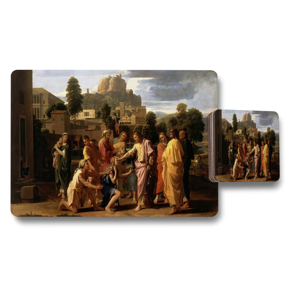 Placemat And Coaster Set Featuring Classical Religious Scene Artwork
