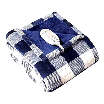 CozyWarm Electric Heated Blanket - Soft Plush Blue Plaid Microlight Throw with 3 Heat Settings, Auto Shut Off, 6ft Power Cord, Machine Washable
