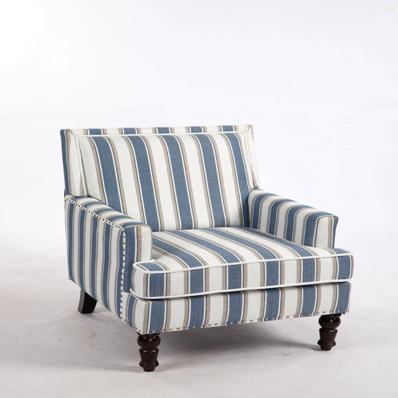 Upholstered Accent Chair, Vintage Armchair With Blue And White Striped Linen Fabric And Nailhead Trim For Living Room, Blue