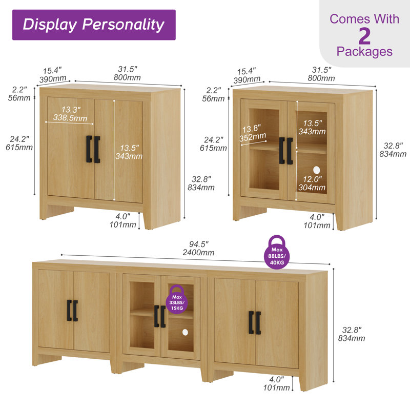 Eaton 3-Piece Modular Sideboard With Glass & Wood Doors, Farmhouse Storage Cabinet With Drawers, Weathered  Console For Dining Room, Living Room, Or Hallway,