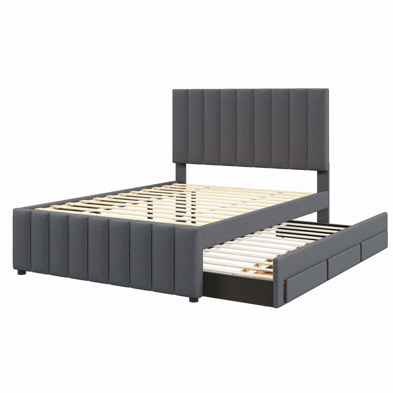 Lit plateforme double tapissier avec lit gigogne simple et 3 tiroirs, tissu en lin, Lit double, Gris