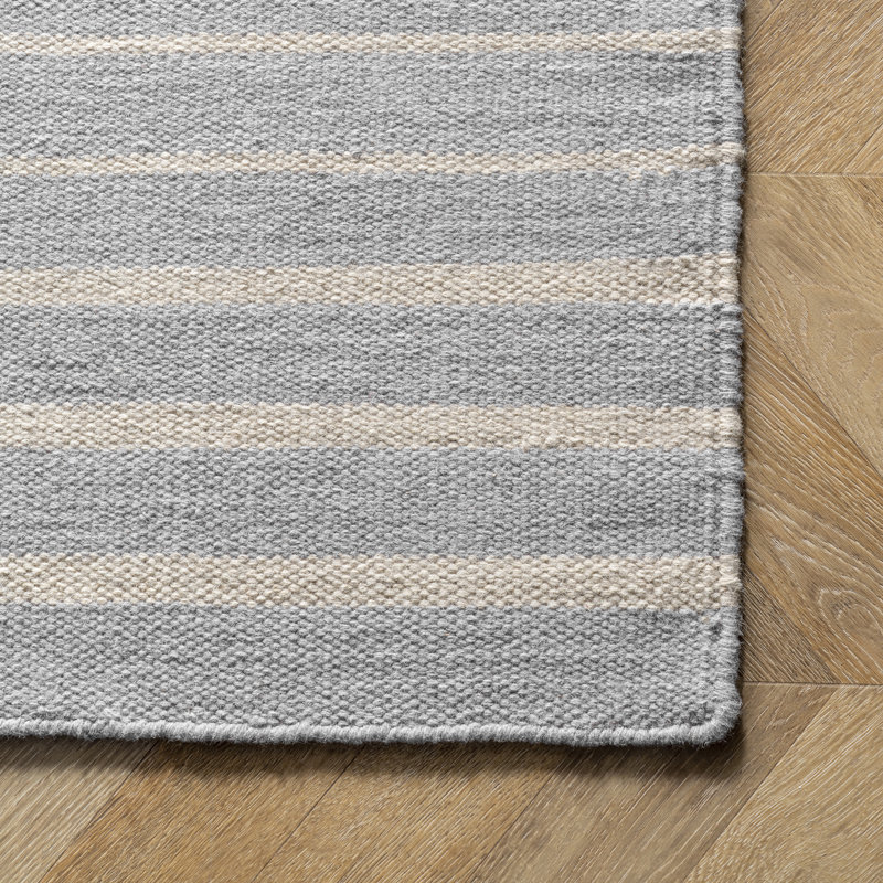 Tapis rayé gris / blanc en laine tissé à plat à la main Parenteau, Rectangle 6 pi x 9 pi