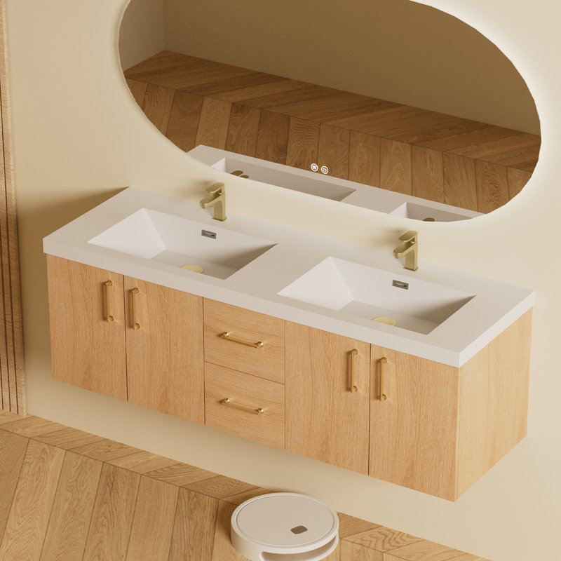 60 Inch Solid Surface Resin Vanity Top With Integrated Sink – Rectangular Double Bathroom Countertop,  Glossy White,