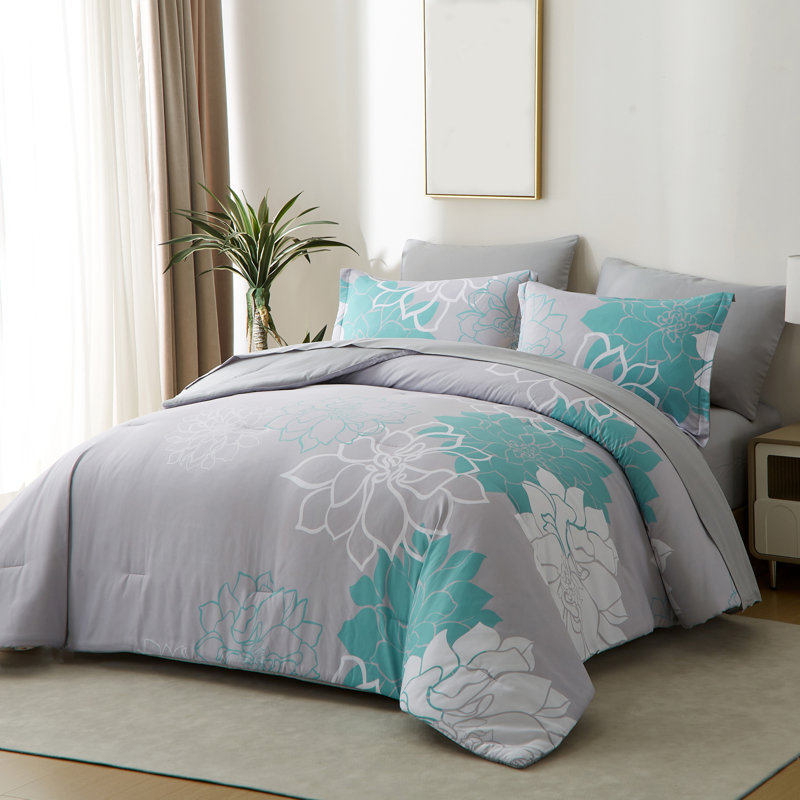 Queen Size Comforter Set,Teal Green Floral Bedding Sets 7 Pieces Bed in a Bag with Sheets, Pillowcases & Shams, Green
