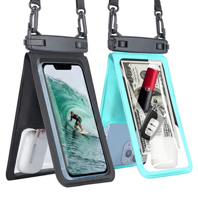 2 Pack IPX8 Floating Waterproof Phone Pouch, Double Space Cell Phone Dry Bag with Lanyard, Up to 6.7" for Beach Cruise Travel（Black and Green）