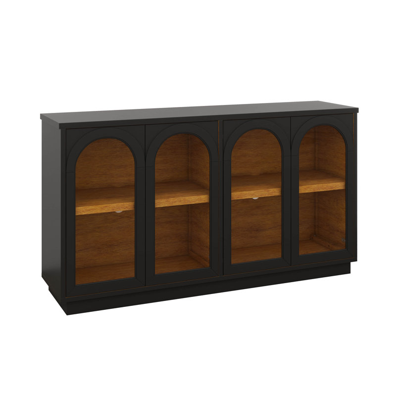 Grande armoire de rangement à 4 portes avec portes en verre, armoire arquée avec tablettes réglables, armoire buffet, Noir