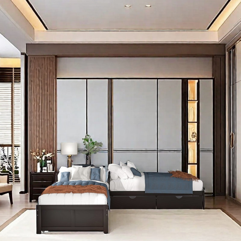 L-Shaped Twin Platform Bed With Trundle And Drawers, Built-In Desk, Corner Bed With Storage, Solid Wood Frame, Espresso
